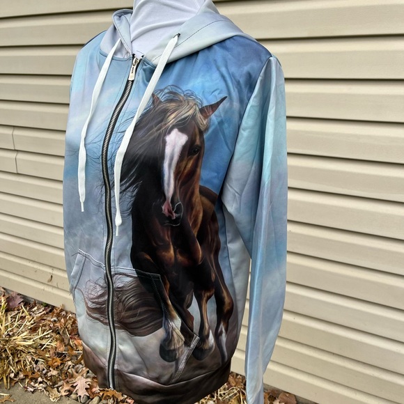 New Horse Print Zip Up Hoodie Jacket - Picture 4 of 9
